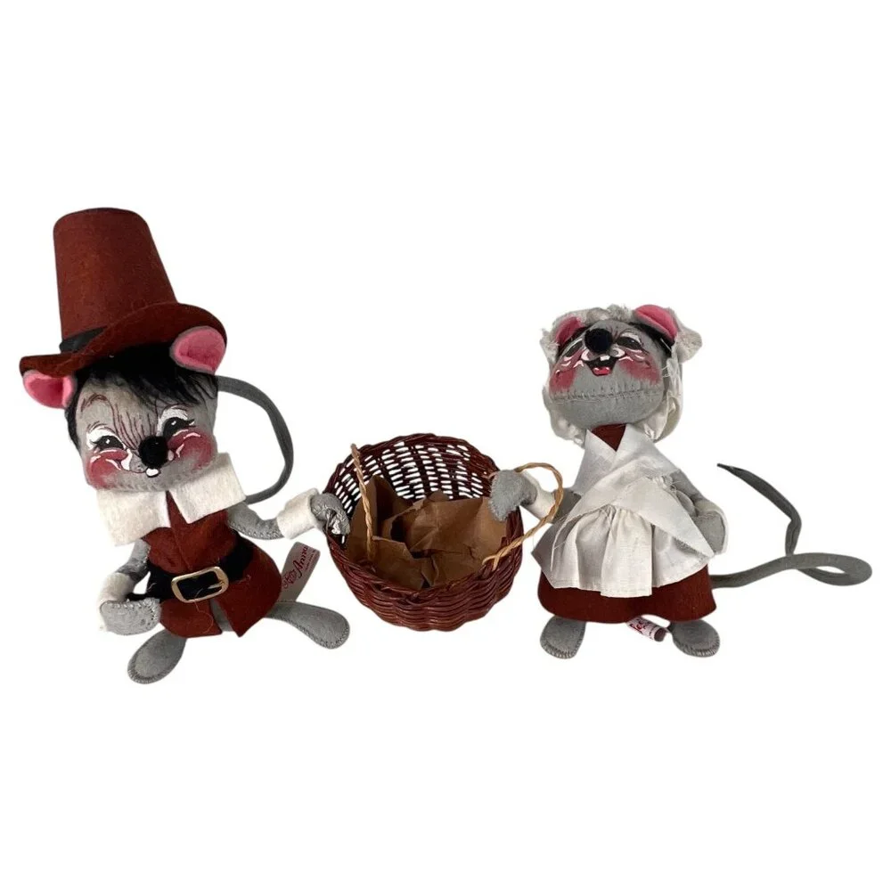 Vintage Annalee Thanksgiving Pilgrim Mice Set With Basket‎ 1986 Autumn Boy Girl